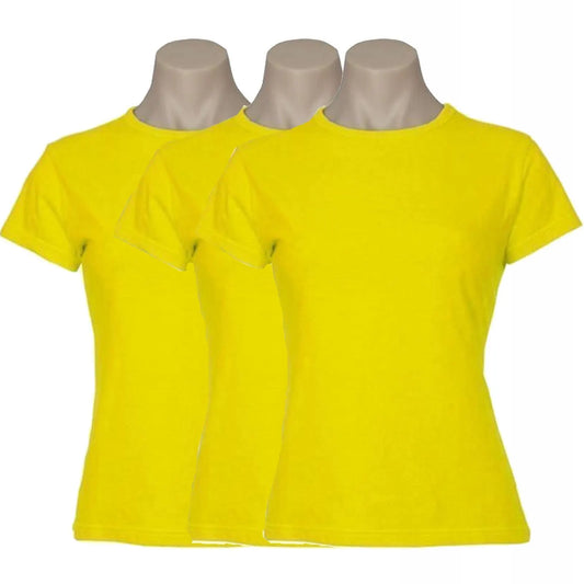 3x Womens 100% Cotton T-Shirt Plain Basic Tee Casual Top in Yellow