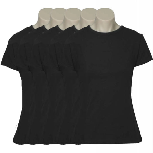 5x Womens 100% Cotton T-Shirt Plain Basic Tee Casual Top in Black