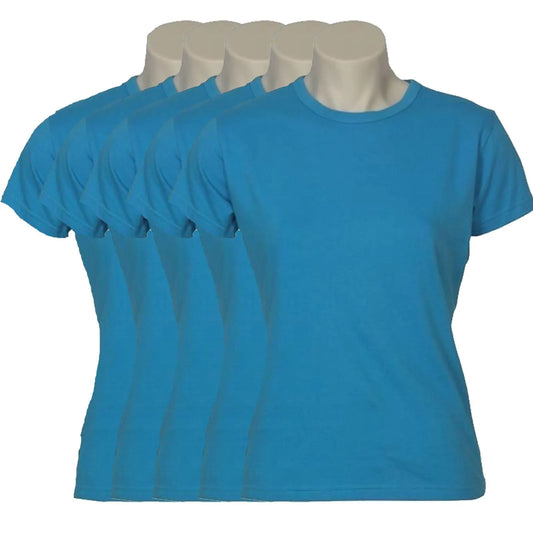5x Womens 100% Cotton T-Shirt Plain Basic Tee Casual Top in Cyan Blue