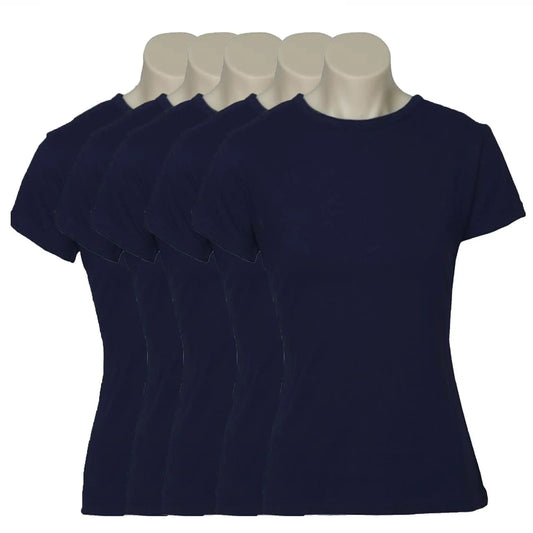 5x Womens 100% Cotton T-Shirt Plain Basic Tee Casual Top in Navy Blue