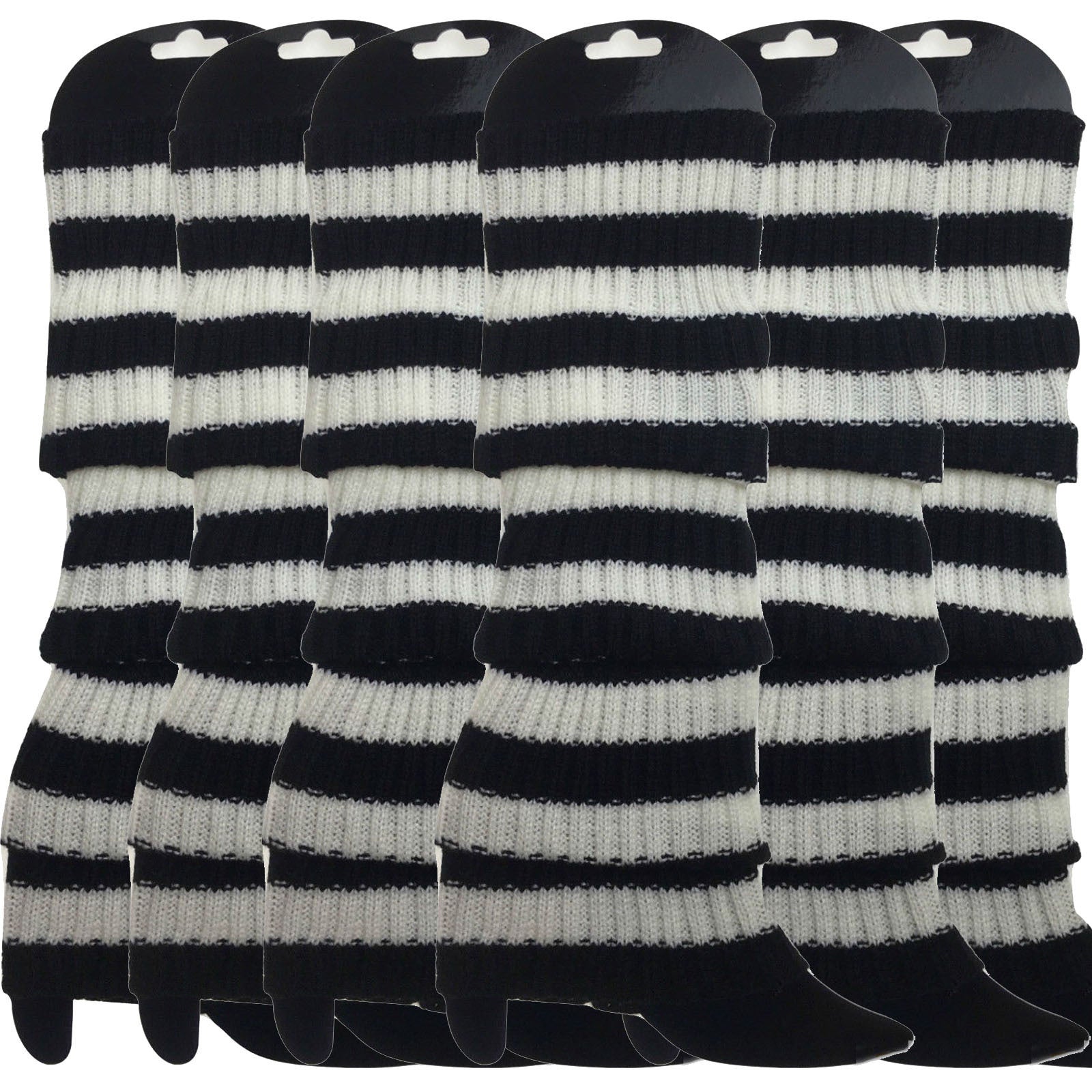 6x Womens Leg Warmers Disco Winter Knit Dance Party Crochet Legging Socks Costume - Black/White Stripe - Image 2