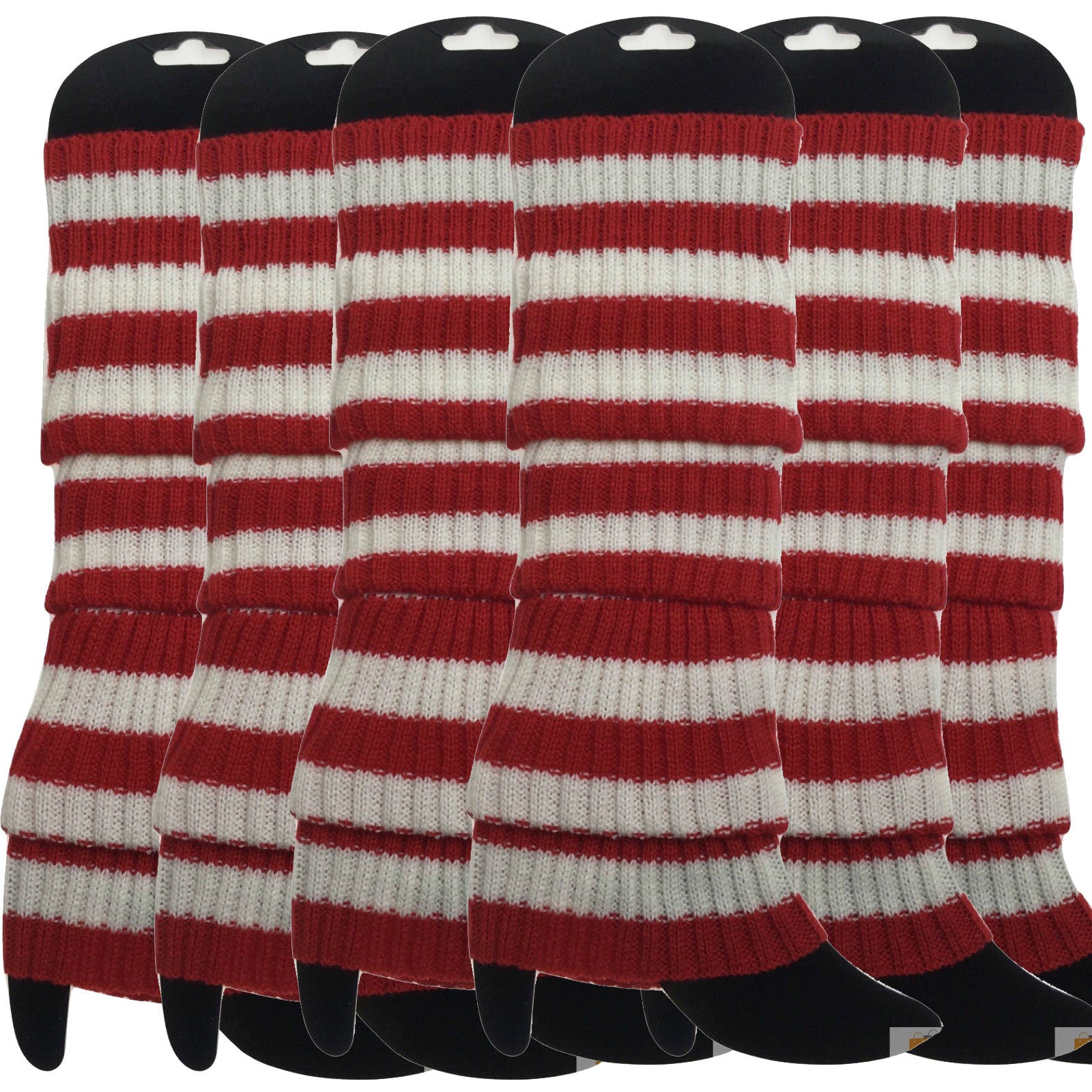 6x Womens Leg Warmers Disco Winter Knit Dance Party Crochet Legging Socks Costume - Red/White Stripe - Image 2