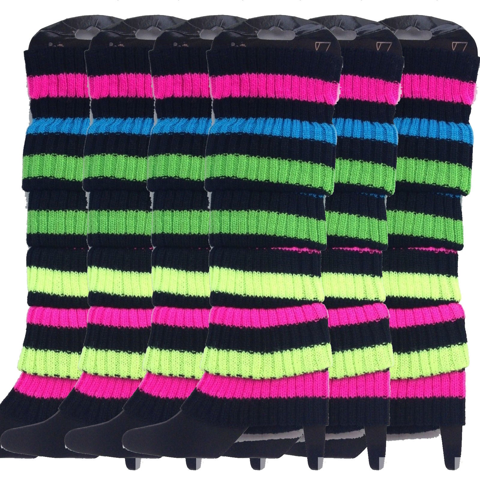 6x Womens Leg Warmers Disco Winter Knit Dance Party Crochet Legging Socks Costume - Rainbow with Black Stripe - Image 2
