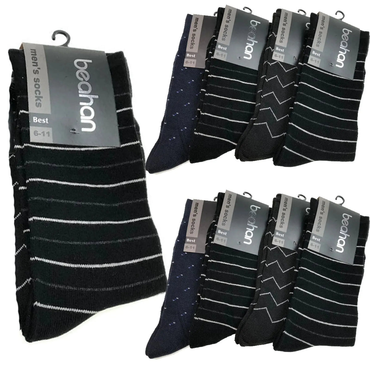 9 Pairs Cotton Business Socks Mens Dress Crew Pattern Work Casual  Bulk - Assorted Pack - Image 2