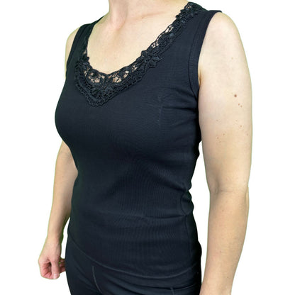 Ladies Sleeveless Singlet Top Womens Summer Basic Tank Shirt Lace Motif Front - Black - 12-14 - Image 2