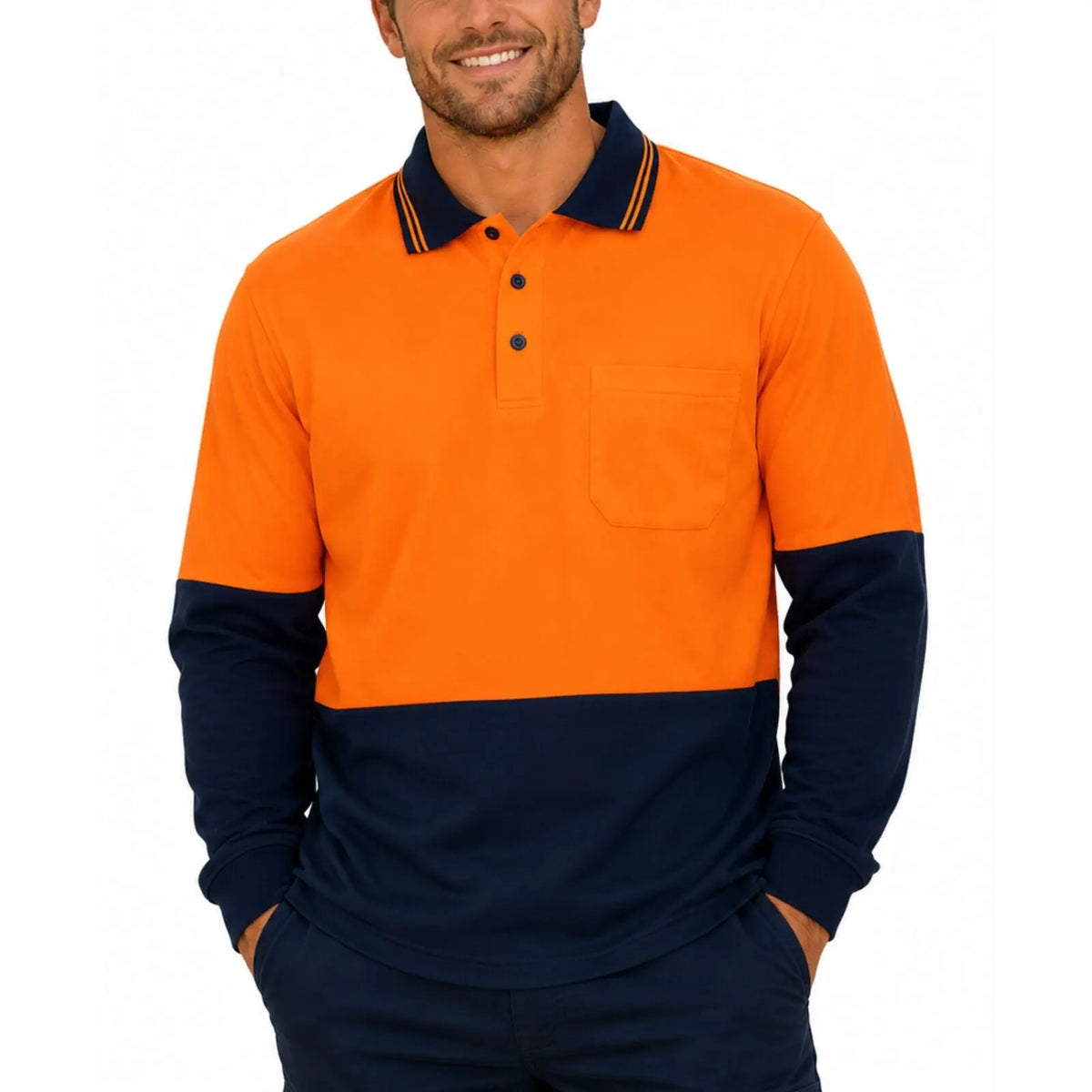 Hi Vis Long Sleeve Polo Shirt Safety Workwear Fluro Breathable UPF 50+ - Orange - Image 2