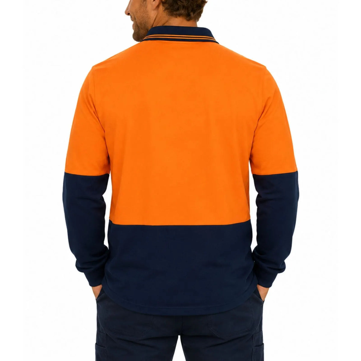 Hi Vis Long Sleeve Polo Shirt Safety Workwear Fluro Breathable UPF 50+ - Orange - Image 4