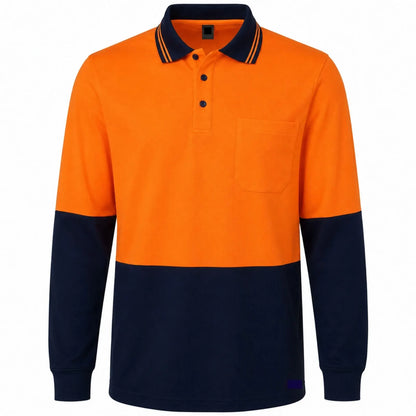 Hi Vis Long Sleeve Polo Shirt Safety Workwear Fluro Breathable UPF 50+ - Orange - Image 5
