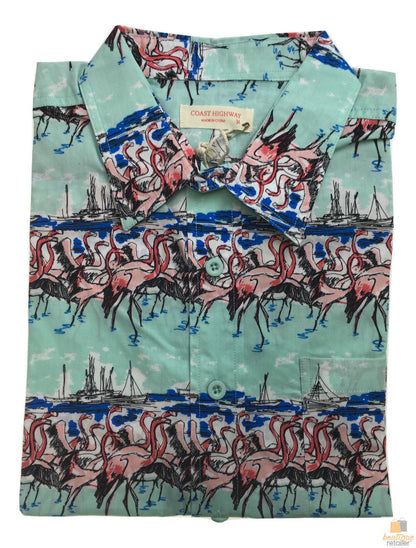 Mens Oahu Hawaiian Party Shirt Button Hippie Tops Short Sleeve Beach Holiday - Flamingo On Shore (0498) - S