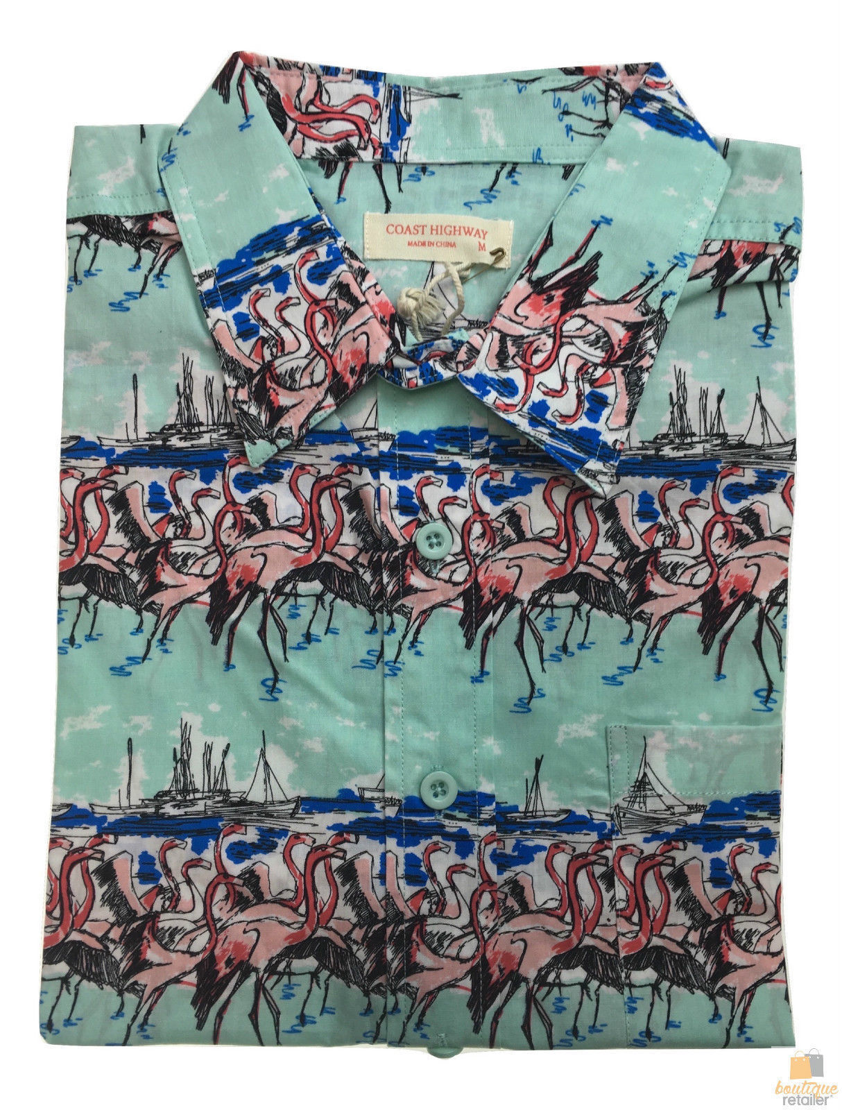 Mens Oahu Hawaiian Party Shirt Button Hippie Tops Short Sleeve Beach Holiday - Flamingo On Shore (0498) - S - Image 2