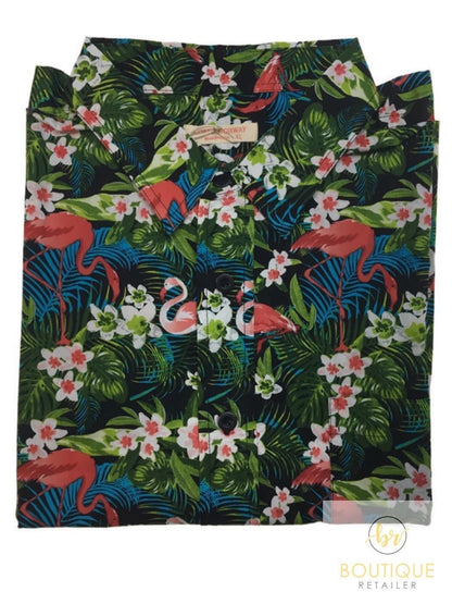 Mens Oahu Hawaiian Party Shirt Button Hippie Tops Short Sleeve Beach Holiday - Garden Flamingo (1423) - XL - Image 2