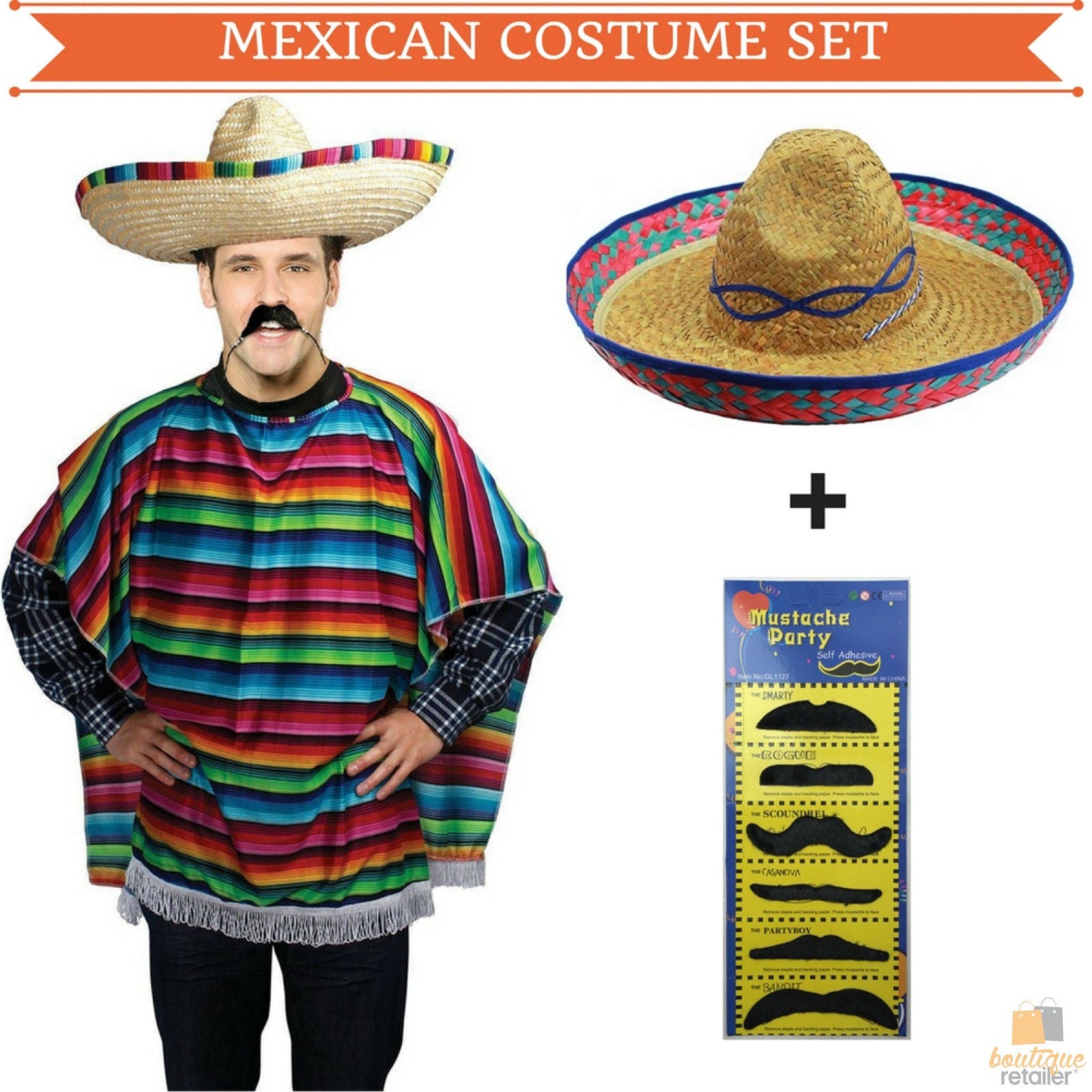 MEXICAN PONCHO & SOMBRERO SET Costume Wild West Moustache Cowboy Bandit Party - Image 2