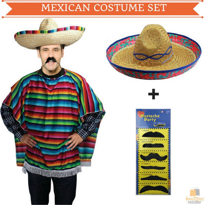 MEXICAN PONCHO & SOMBRERO SET Costume Wild West Moustache Cowboy Bandit Party - Image 2
