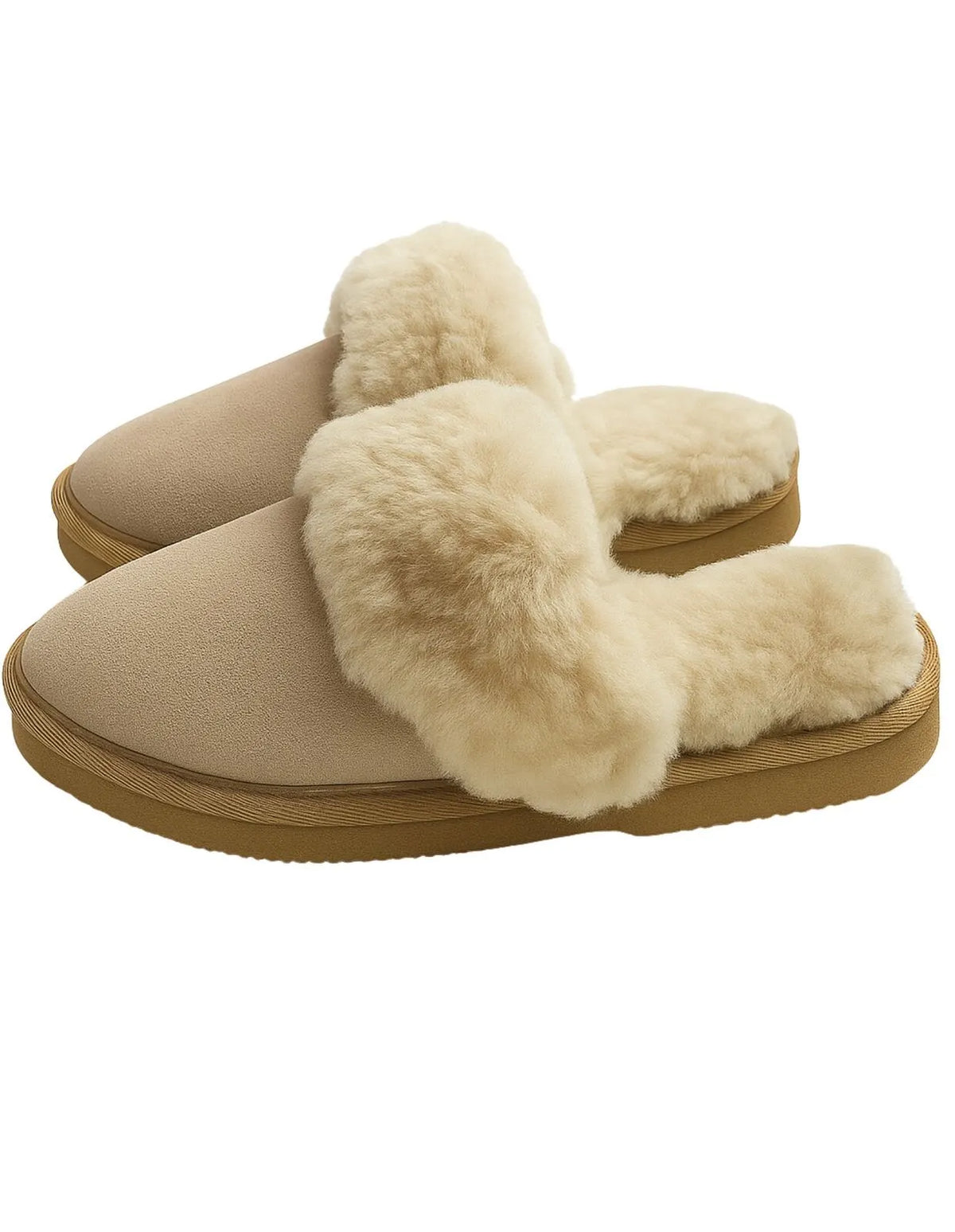 Sheepskin Wool Womens Slippers Scuffs Slip On Winter Ugg Slippers in Beige - Image 2