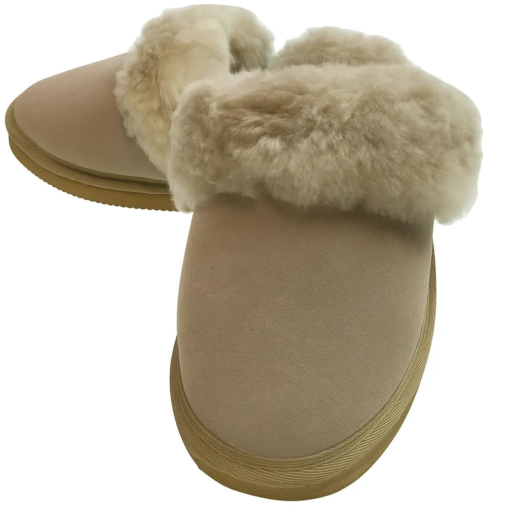 Sheepskin Wool Womens Slippers Scuffs Slip On Winter Ugg Slippers in Beige - Image 4