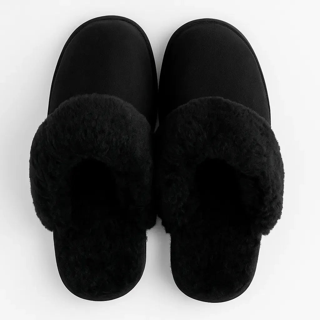 Sheepskin Wool Womens Slippers Scuffs Slip On Winter Ugg Slippers in Black - Image 4