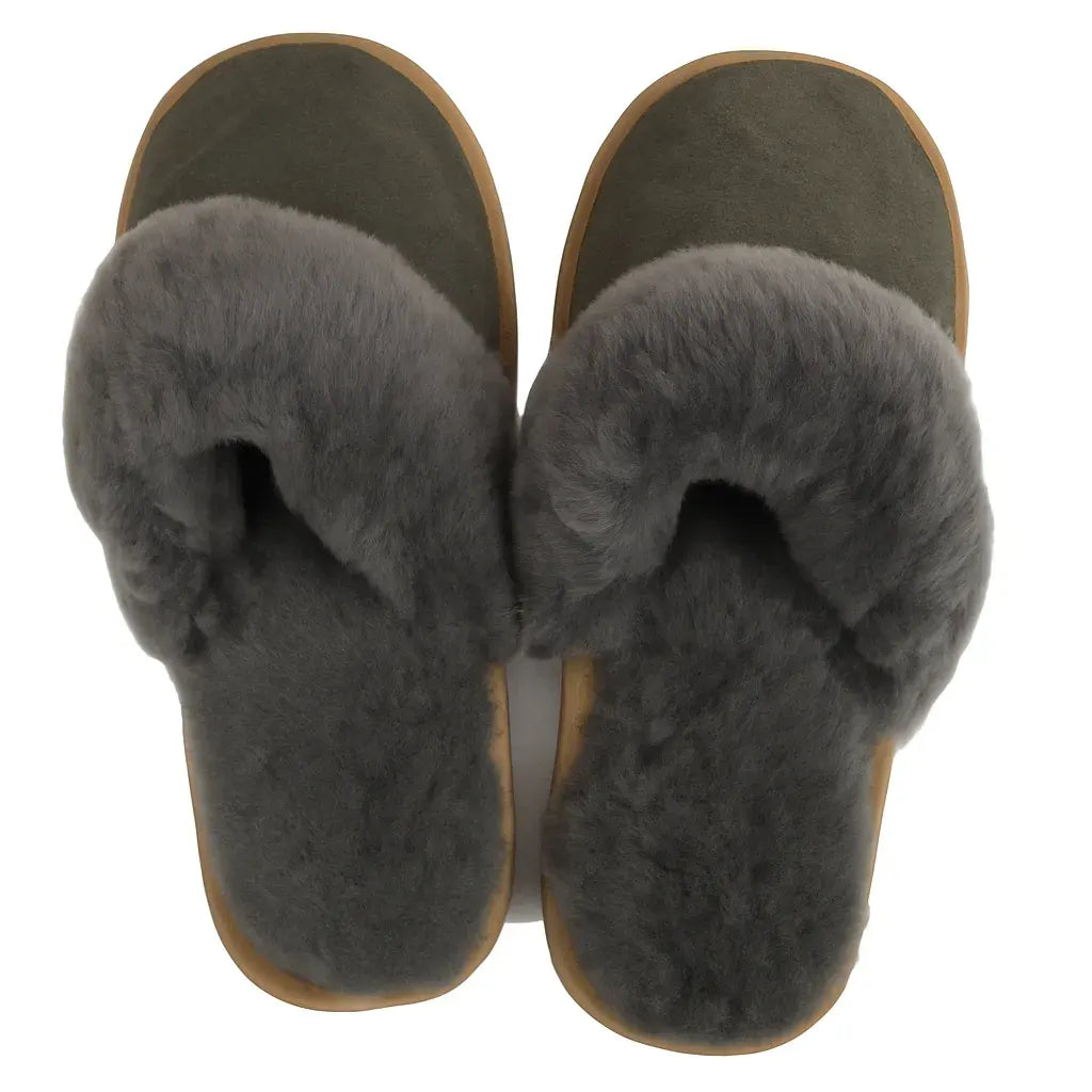 Sheepskin Wool Womens Slippers Scuffs Slip On Winter Ugg Slippers in Grey - Image 4