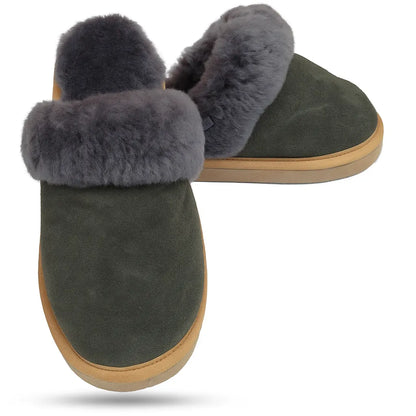 Sheepskin Wool Womens Slippers Scuffs Slip On Winter Ugg Slippers in Grey