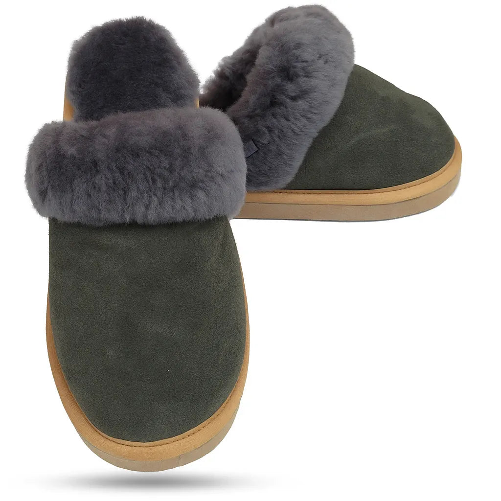 Sheepskin Wool Womens Slippers Scuffs Slip On Winter Ugg Slippers in Grey - Image 2