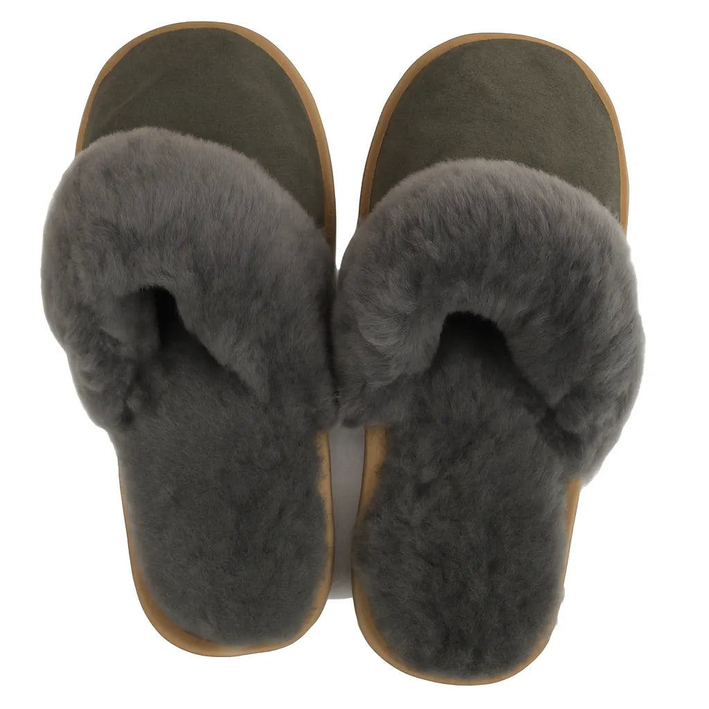 Sheepskin Wool Womens Slippers Scuffs Slip On Winter Ugg Slippers in Grey - Image 4