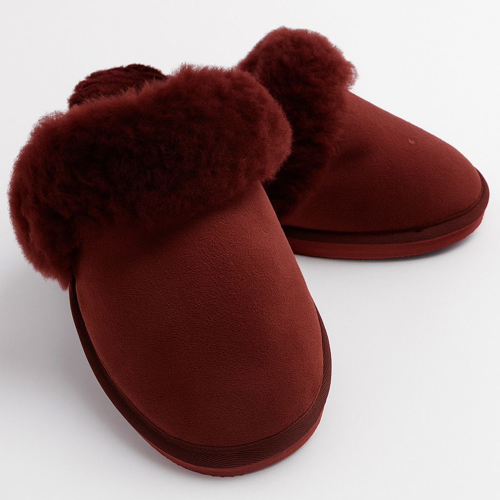 Sheepskin Wool Womens Slippers Scuffs Slip On Winter Ugg Slippers in Burgundy/Red - 7 - Image 2