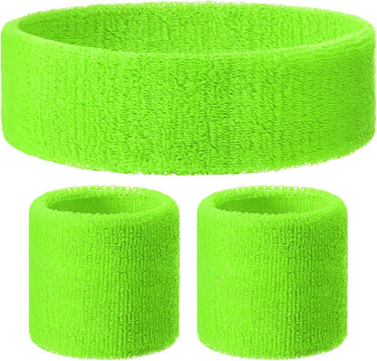 WRISTBAND & HEADBAND SET Tennis Terry Towelling Cotton Sweat Band - Fluro Light Green - Image 2