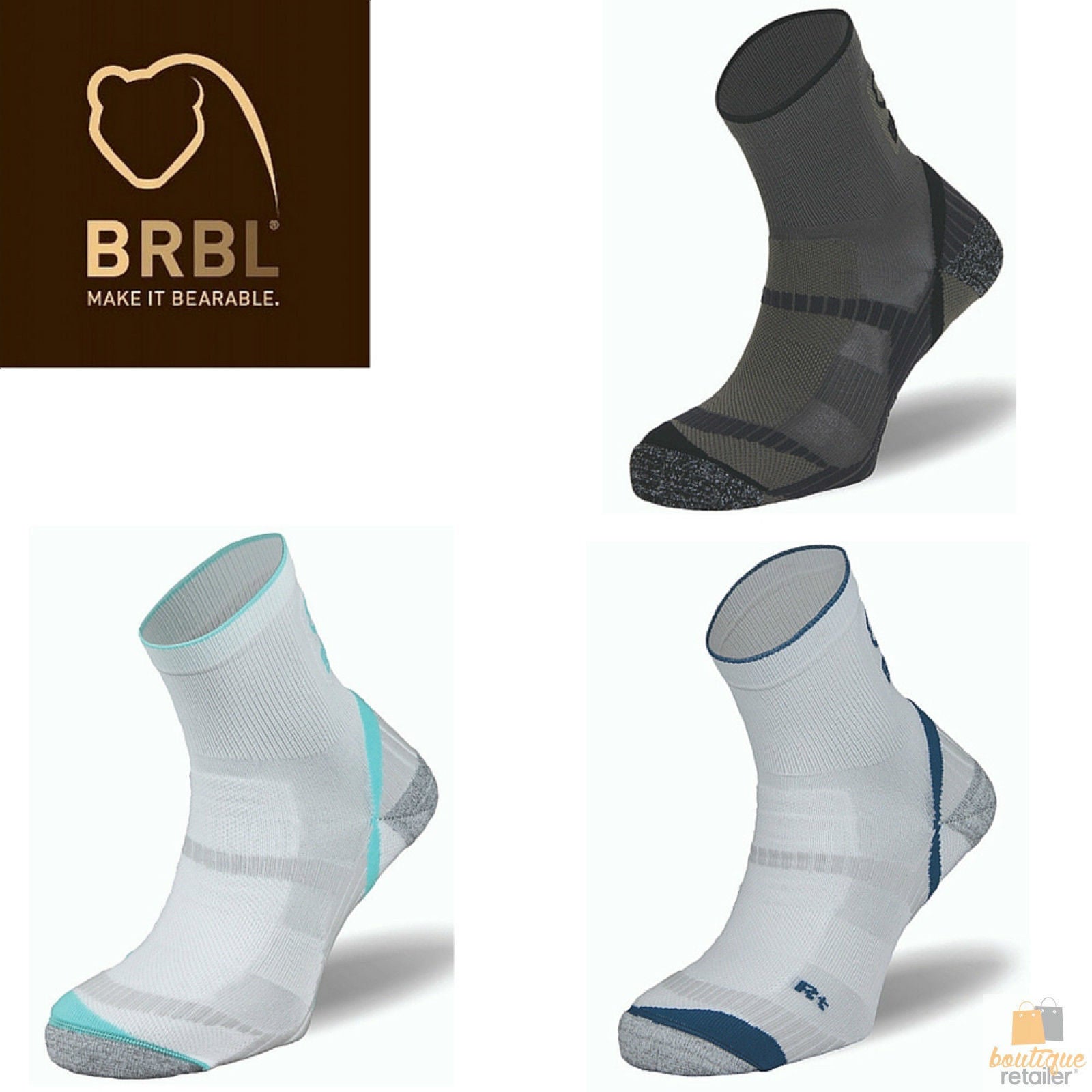 BRBL Atlas Socks Hiking Trekking Trail Run Outdoor Camping MADE IN ITALY Crew - White/Aqua - L - Image 3