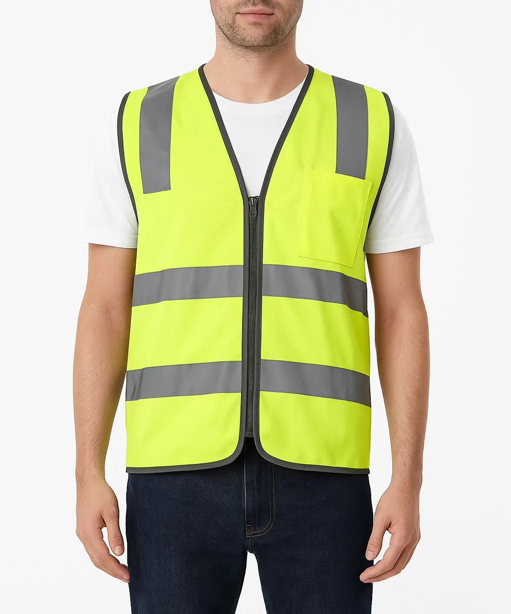 Hi Vis Safety Vest Reflective Tape Zip Up Workwear Pocket High Visibility in Yellow
