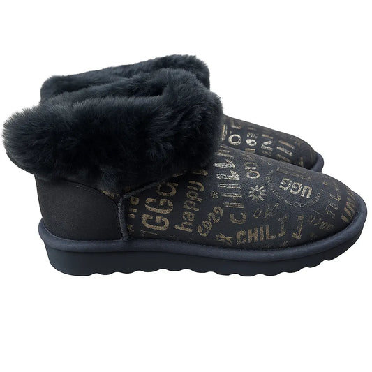 Womens Australian Sheepskin Wool Fur Mini UGG Ankle Boots in Gold Black - Image 2