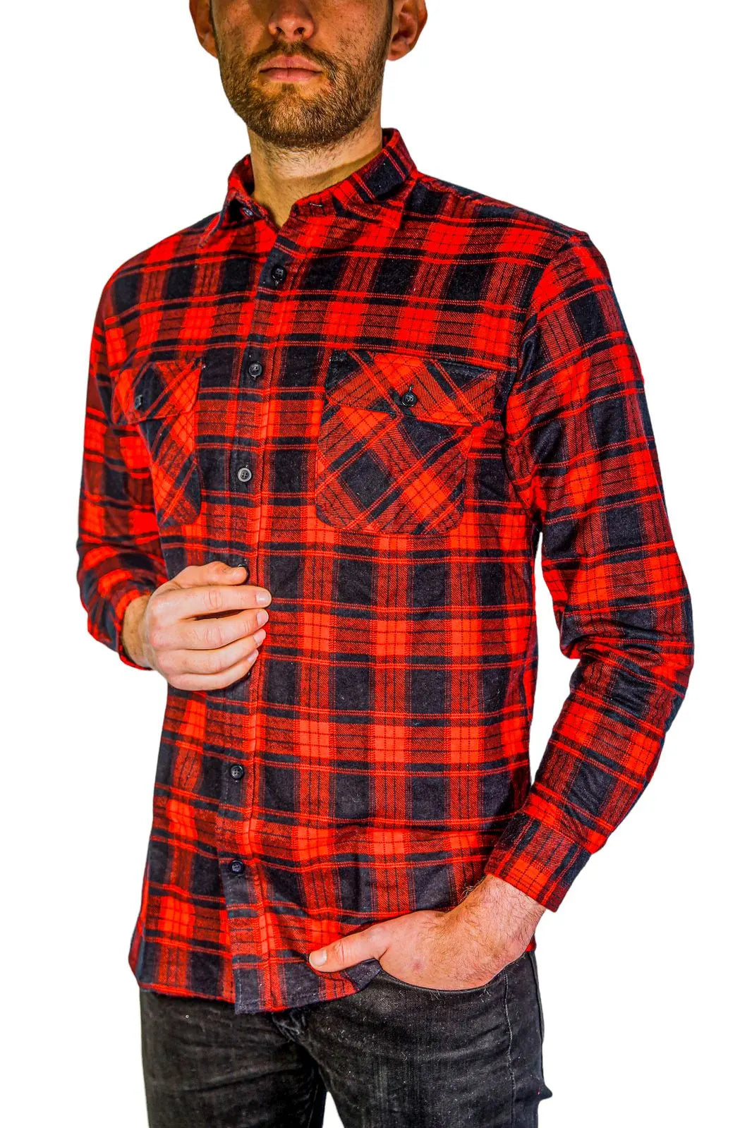 Mens Flannelette Long Sleeve Shirt 100% Cotton Check Authentic Flannel - Full Placket - Red - Image 4