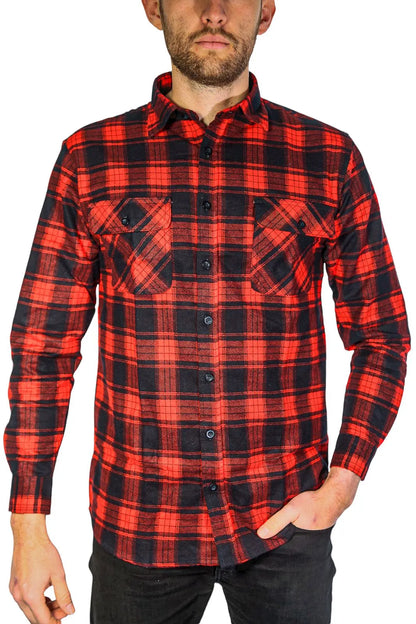 Mens Flannelette Long Sleeve Shirt 100% Cotton Check Authentic Flannel - Full Placket - Red - Image 8