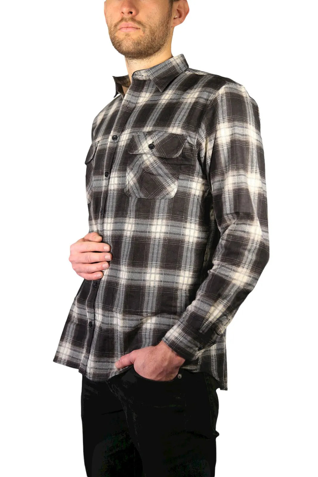Mens Flannelette Long Sleeve Shirt 100% Cotton Check Authentic Flannel - Full Placket - Black - Image 3