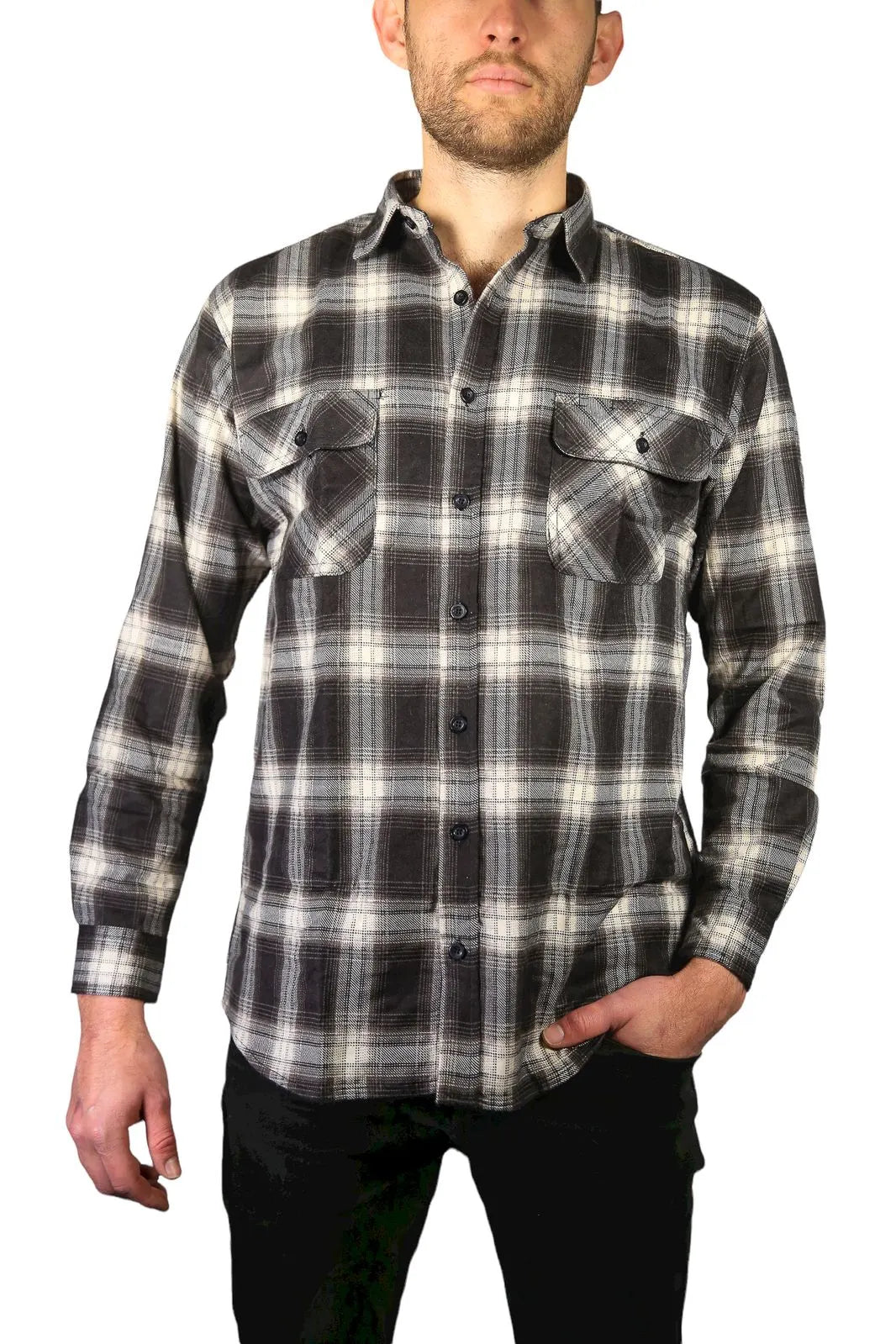 Mens Flannelette Long Sleeve Shirt 100% Cotton Check Authentic Flannel - Full Placket - Black - Image 6