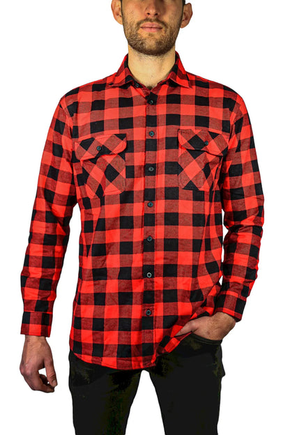 Mens 100% Cotton Flannelette Shirt Long Sleeve Check Authentic Flannel - Red/Black - Image 2