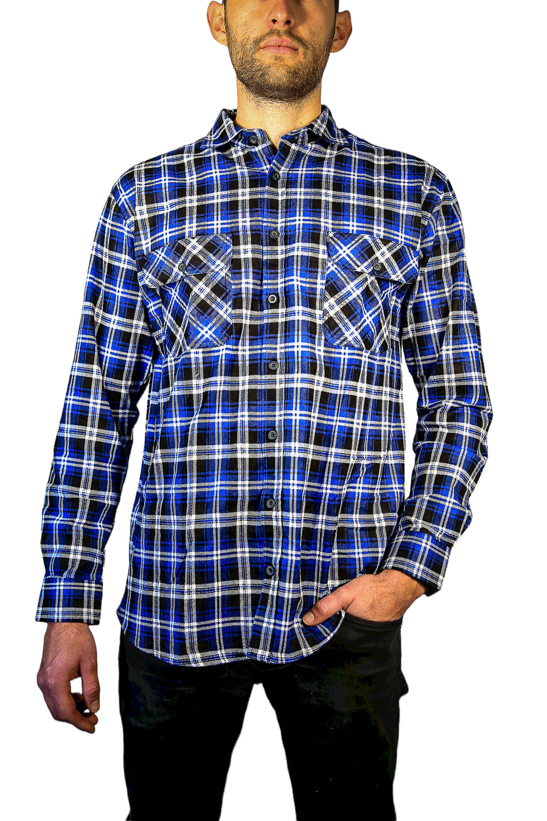 Mens 100% Cotton Flannelette Shirt Long Sleeve Check Authentic Flannel - Denim - 9XL - Image 2