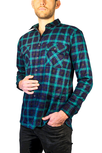 Mens 100% Cotton Flannelette Shirt Long Sleeve Check Authentic Flannel - Green/Navy - 3XL - Image 6