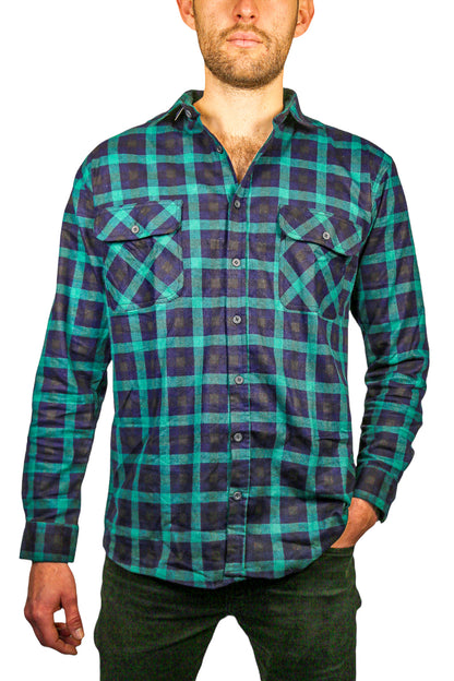 Mens 100% Cotton Flannelette Shirt Long Sleeve Check Authentic Flannel - Green/Navy - 5XL - Image 2