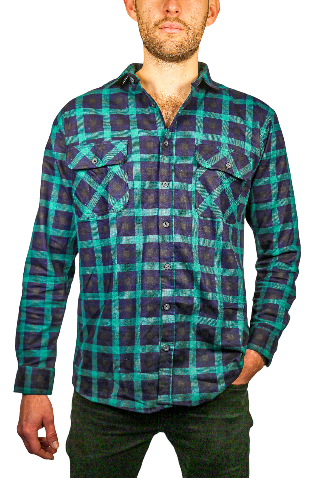 Mens 100% Cotton Flannelette Shirt Long Sleeve Check Authentic Flannel - Green/Navy - XL - Image 2
