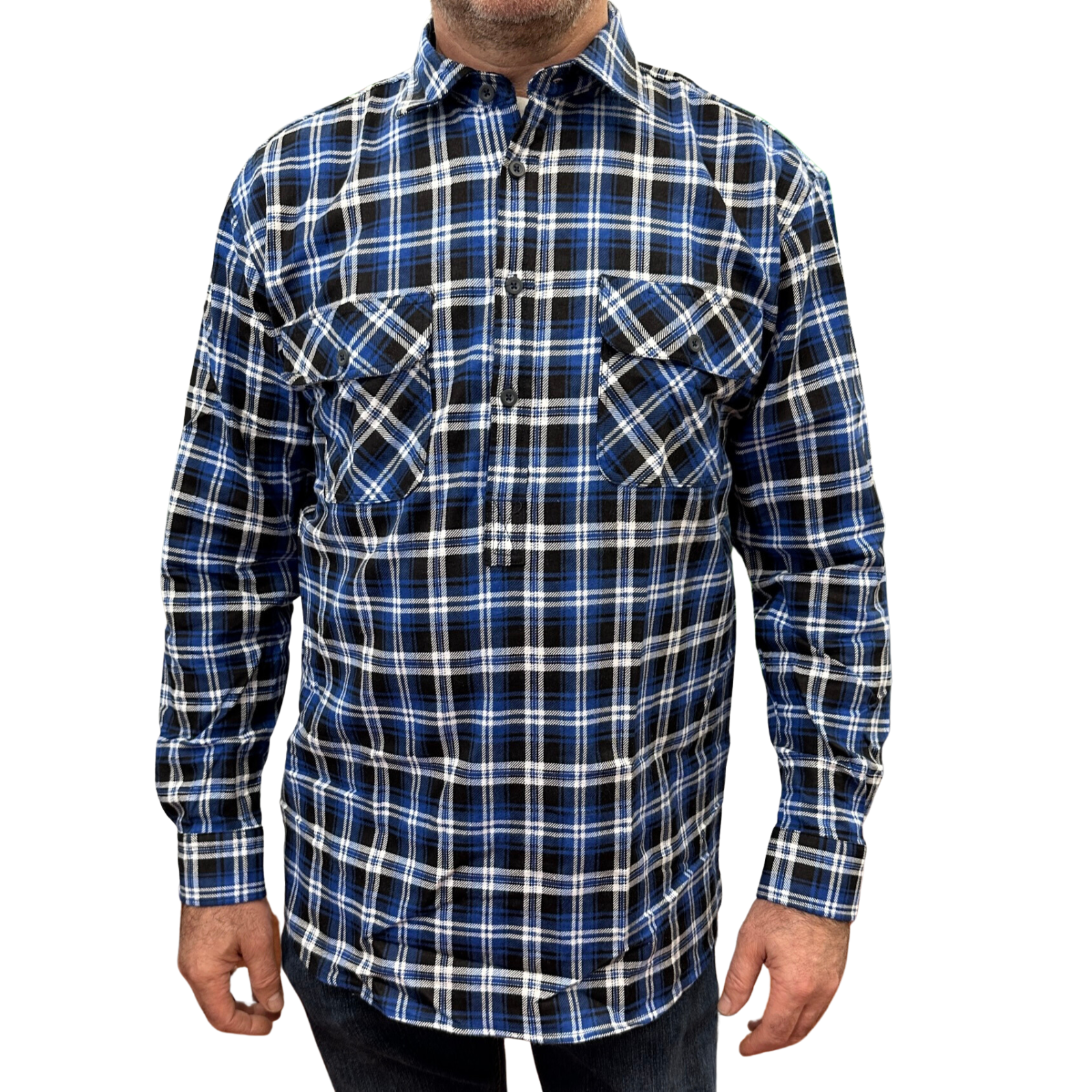 Mens Flannelette Long Sleeve Pullover Shirt 100% Cotton Flannel - Half Placket - Blue/Black - XXL - Image 2