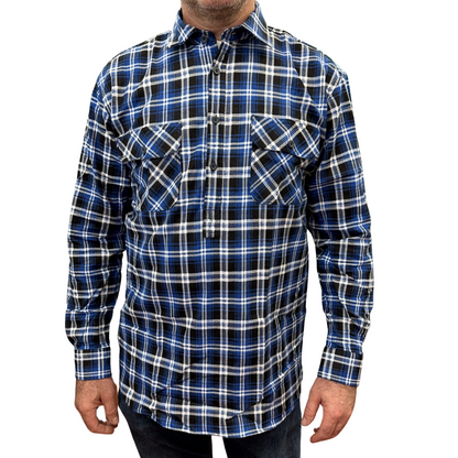 Mens Flannelette Long Sleeve Pullover Shirt 100% Cotton Flannel - Half Placket - Blue/Black - XXL - Image 2