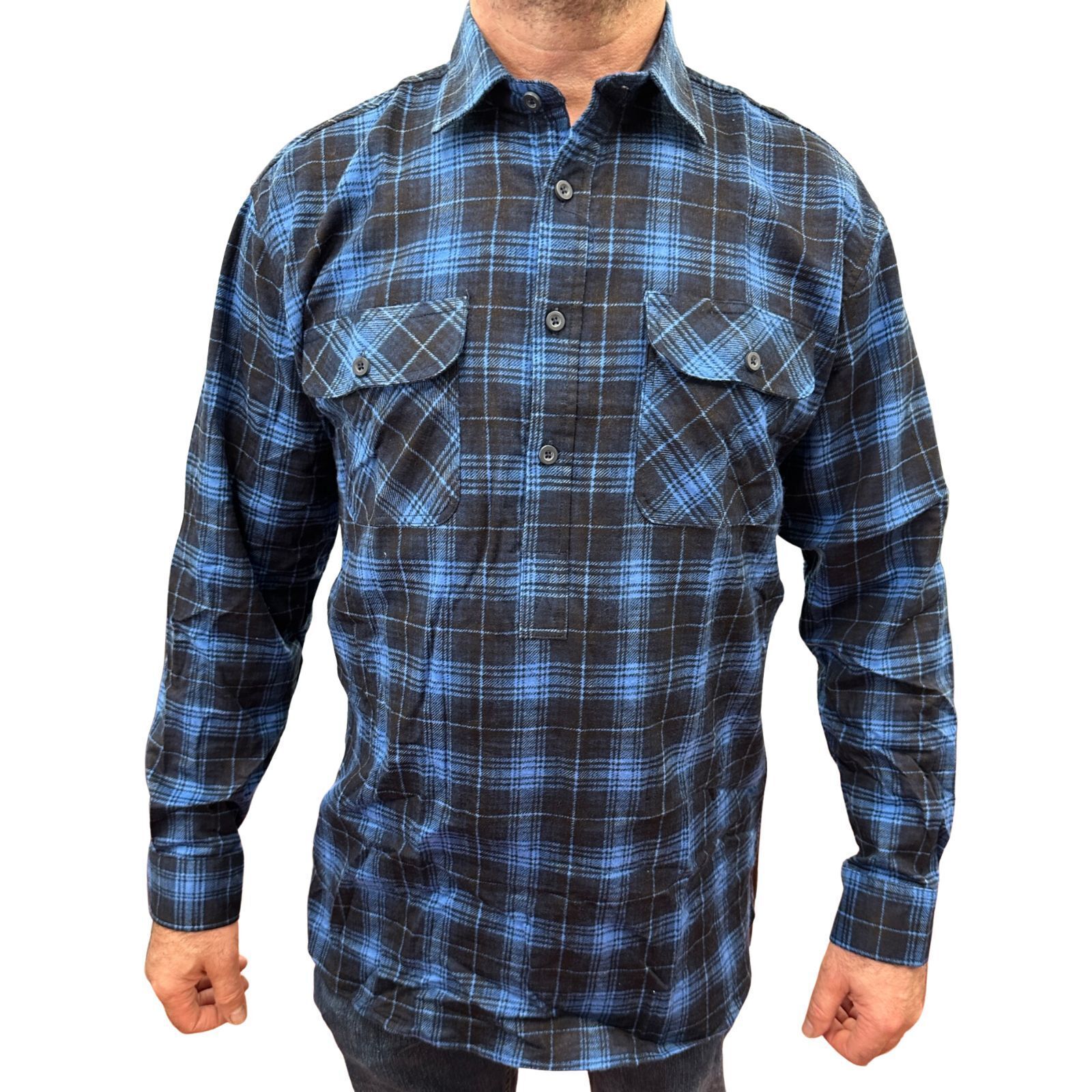 Mens Flannelette Long Sleeve Pullover Shirt 100% Cotton Flannel - Half Placket - Blue - 4XL - Image 2
