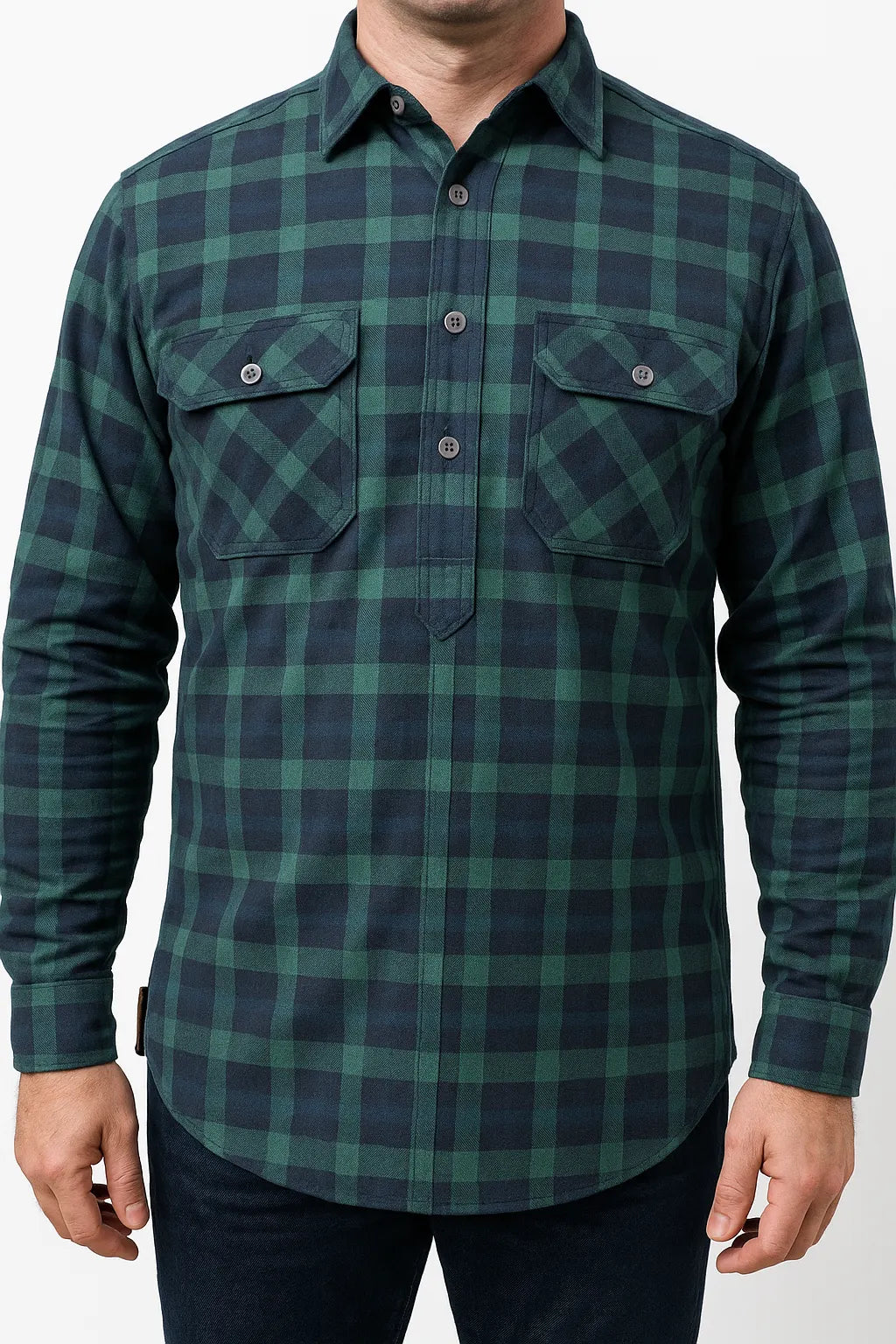 Mens Flannelette Long Sleeve Pullover Shirt 100% Cotton Flannel - Half Placket - Green/Navy