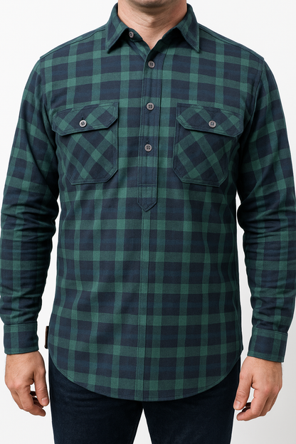 Mens Flannelette Long Sleeve Pullover Shirt 100% Cotton Flannel - Half Placket - Green/Navy - XL - Image 2
