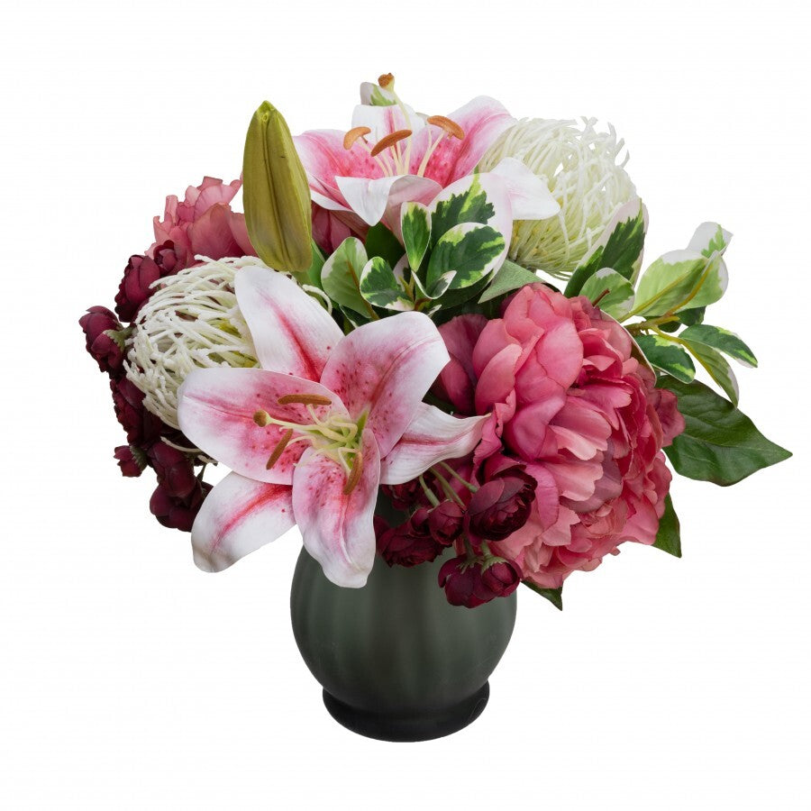 32cm Rose Peony & Wisteria Arrangement in Glass Artificial Flower Plant - Pink - Image 2