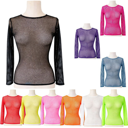 3x Womens Fishnet Mesh Tops Long Sleeve Sheer Stretch Costume - Assorted Pack - Image 2