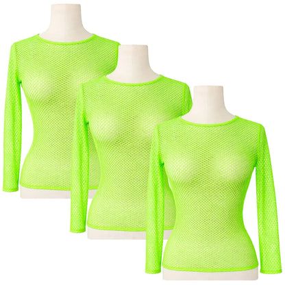 3x Womens Fishnet Mesh Tops Long Sleeve Sheer Stretch See Through - Fluro Green - Image 2