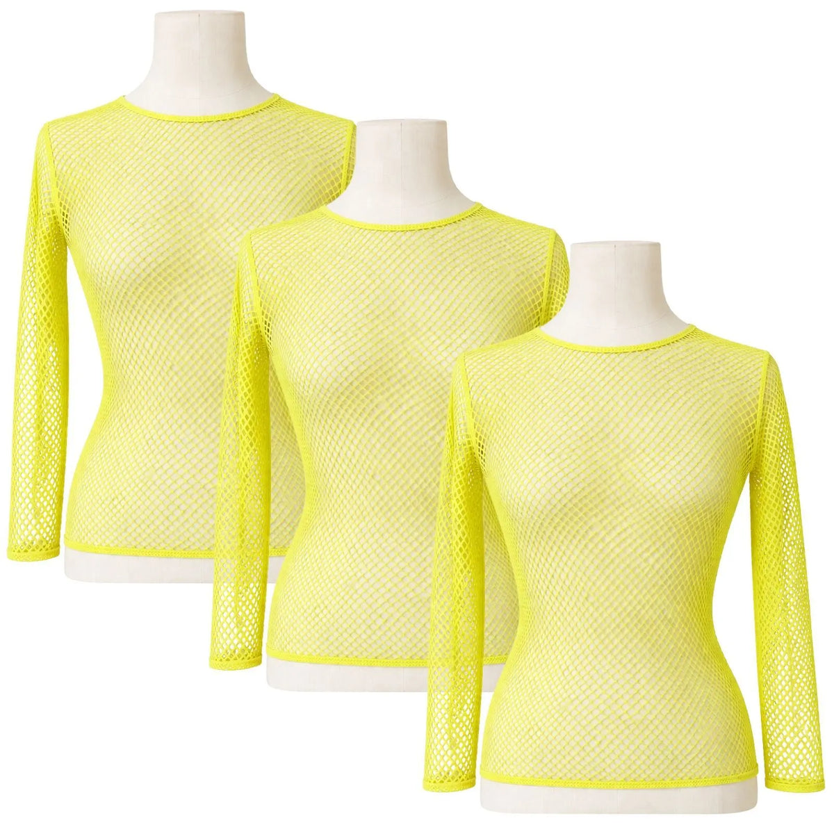3x Womens Fishnet Mesh Tops Long Sleeve Sheer Stretch See Through - Fluro Yellow