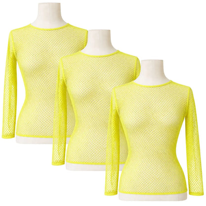 3x Womens Fishnet Mesh Tops Long Sleeve Sheer Stretch See Through - Fluro Yellow - Image 2