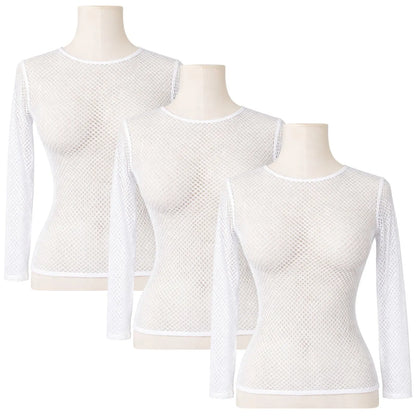 3x Womens Fishnet Mesh Top Long Sleeve Sheer Stretch See Through Costume - White - Image 2