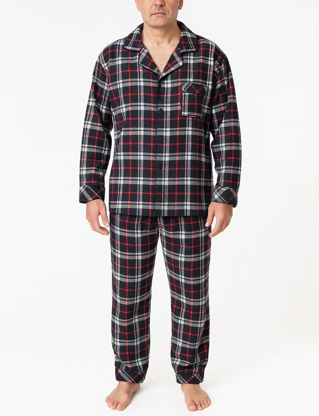 Mens Plus Size Flannelette Pyjamas 100% Cotton PJs Set Top Pants in Red Check - Image 2
